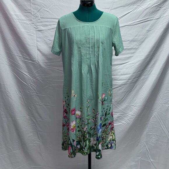 Teal Shift Dress with Floral Pattern Trim | Sz M - Picture 2 of 7